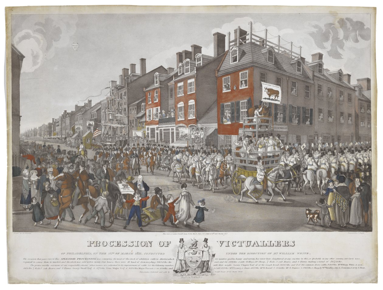 Procession av Victuallers of Philadelphia, den 15 mars 1821, ca. 1821-1822 (etsning med akvatint och handfärgning på papper) av Johann Ludwig  Krimmel