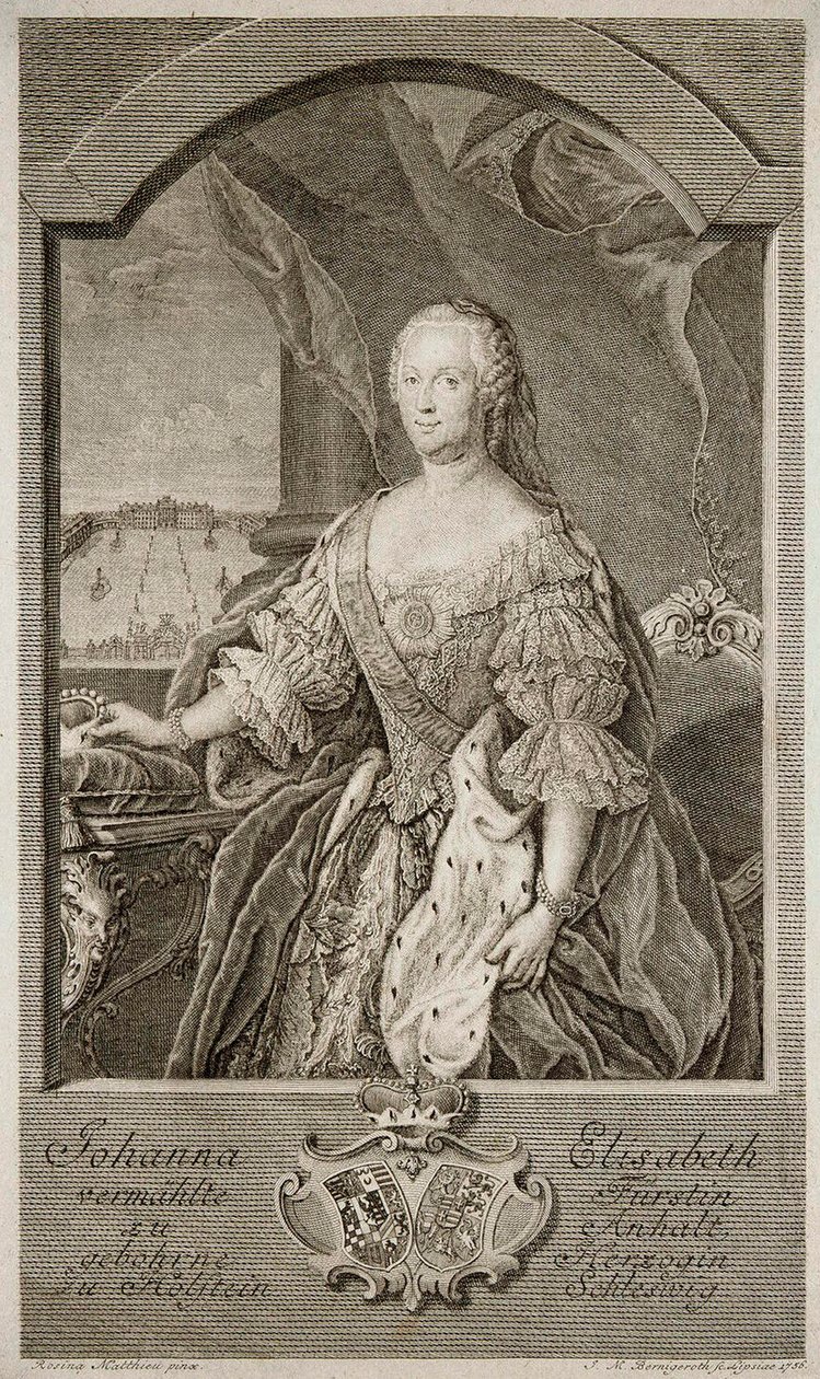 Porträtt av Johanna-Elizabeth, kurfurstin av Anhalt-Zerbst 1712-1760, mor till Katarina II, 1756. av Johann Martin Bernigeroth