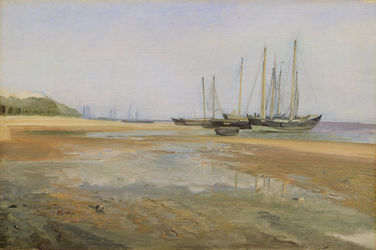 Lastfartyg på sanden på Elbe, 184045 (olja på papper monterad på kort) av Johann Martin Gensler