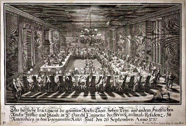 Bankett i kungens sal i kardinalen av Regensburgs palats den 26 september 1717 (gravyr) av Johann Matthias and Geyer Andreas Steidlin