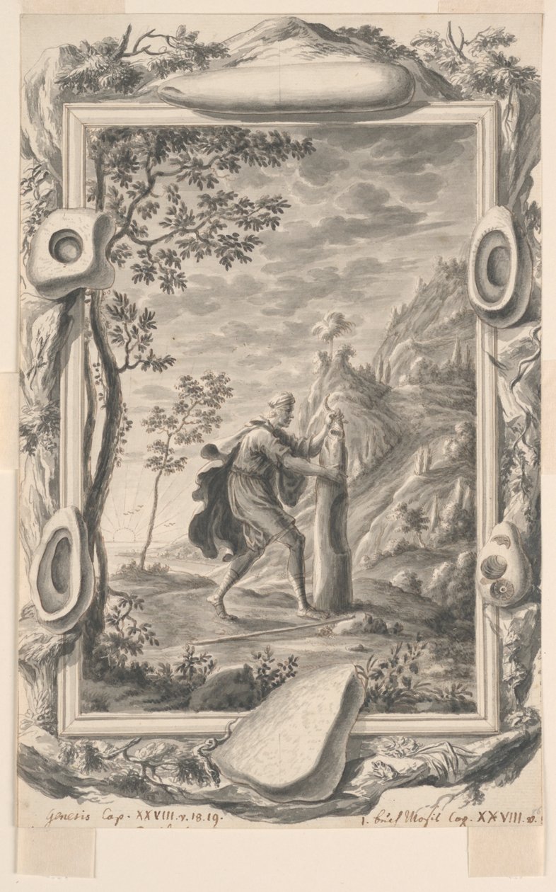 Studie för Jacob Pours Oil on the Stone på Bethel, Plate 87, Physica Sacra av Johann Melchior Füssli