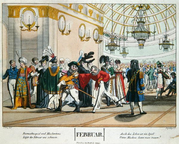 Shrovetide Masked Ball, kalenderillustration för februari, publicerad i Nürnberg, ca 1830 (färgad gravyr) av Johann Michael (after) Voltz