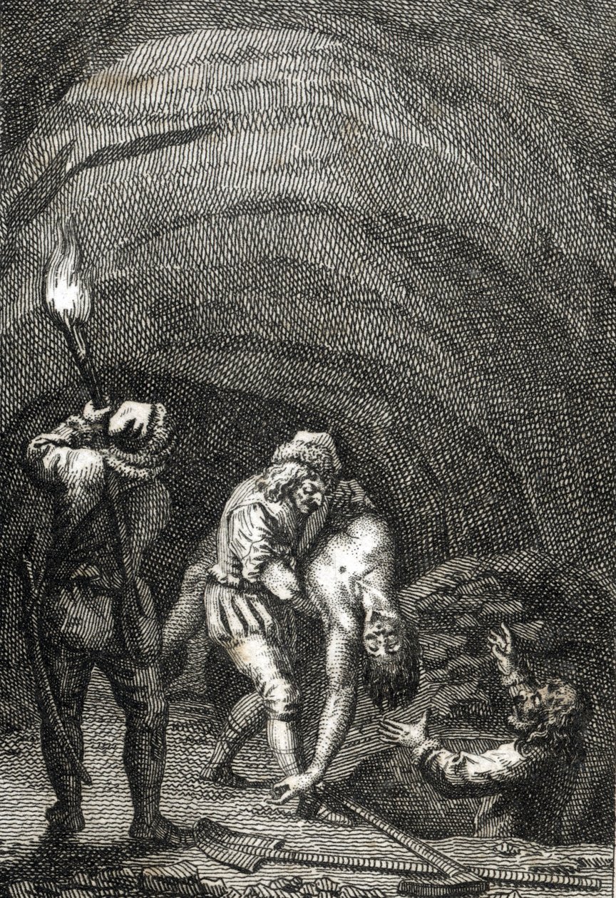 Död av Vilhelm II av Holland dödad av friserna, som i hemlighet begravde honom under golvet i ett hus Gravyr av Johann Michael Mettenleiter (1765-1853) 1800 Privat samling av Johann Michael Mettenleiter