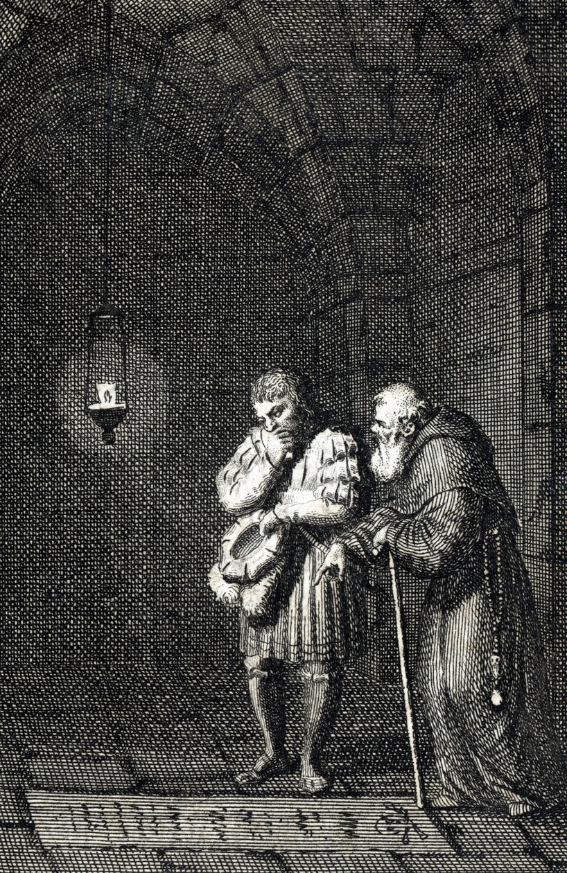Kejsar Karl IV (1346-1378) samlas vid Widukind av Sachsens (eller Wittekind av Sachsens) grav i Enger Tyskland 1377 (Karl IV, tysk-romersk kejsare vid Widukinds grav (Widuking eller Wittekind) i Enger, Tyskland) Gravyr av Johann Michael Me av Johann Michael Mettenleiter