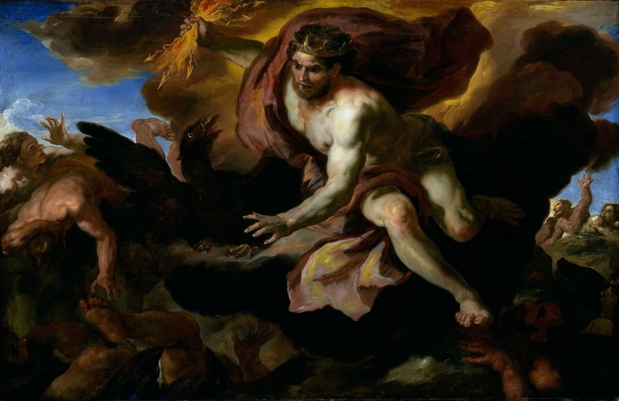 Jove kastar sina Thunderbolts at the Rebellious Giants, ca 1690-95 (olja på duk) av Johann Michael Rottmayr