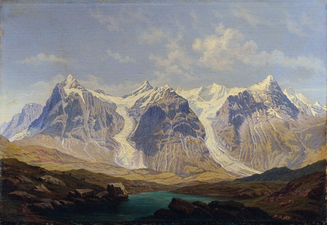 Wetterhorn, Mettenberg och Eiger med de två Grindelwaldglaciärerna emellan av Johann Michael Sattler