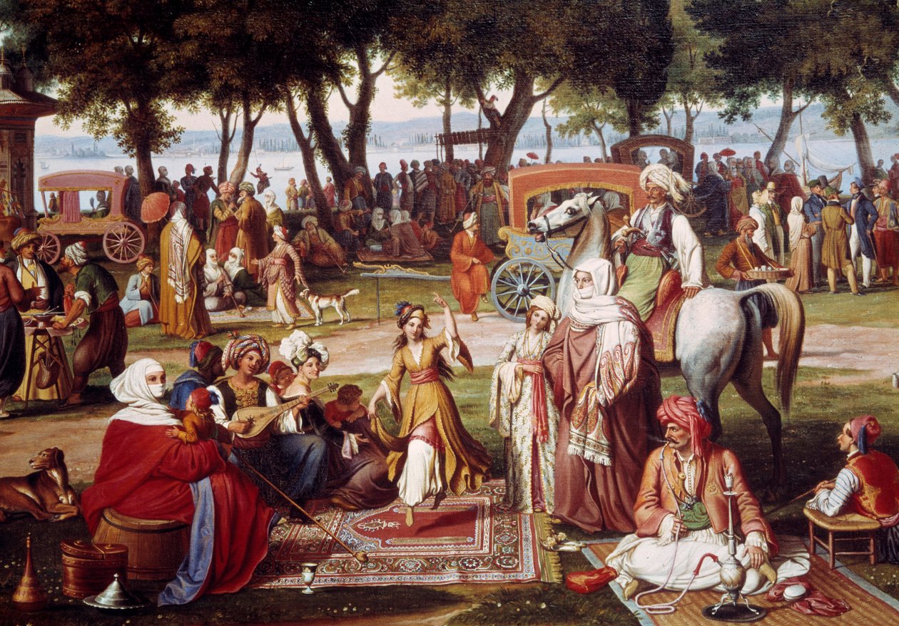 Sötvatten Asien i Konstantinopel - Sweet living: grupp män och kvinnor som röker, dansar - Målning av Johann Wittmer (1802-1880) 1837 Detalj - München, Neue Pinakothek av Johann Michael Wittmer