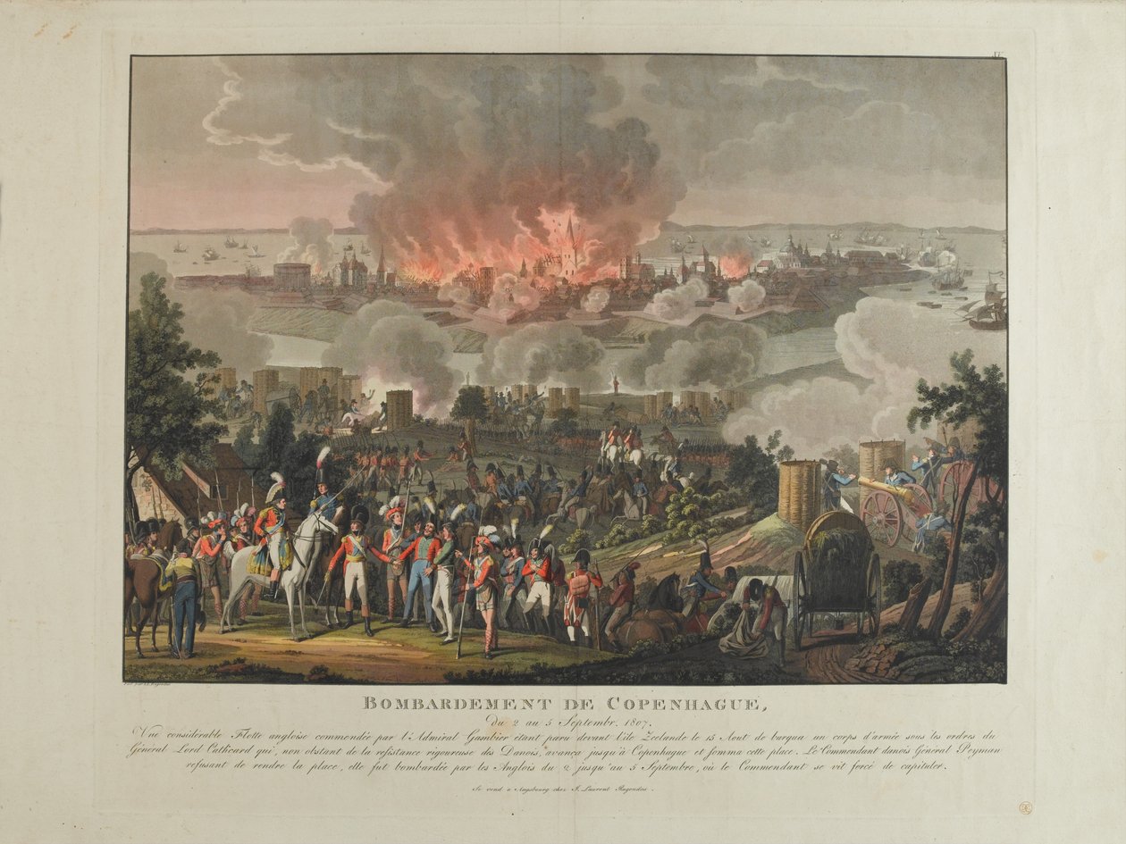 Bombardement av Köpenhamn, 2-5 september 1807, färgad akvatint av och efter J. Laurent Rugendas, utgiven av J. Laurent Rugendas, Augsburg, 1807 av Johann Moritz Rugendas