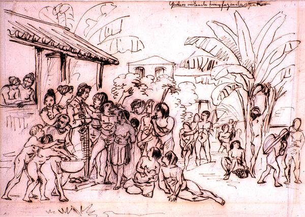 Indianer på besök i en egendom, Brasilien, ca 1825 (penna och brunt bläck över penna) av Johann Moritz Rugendas