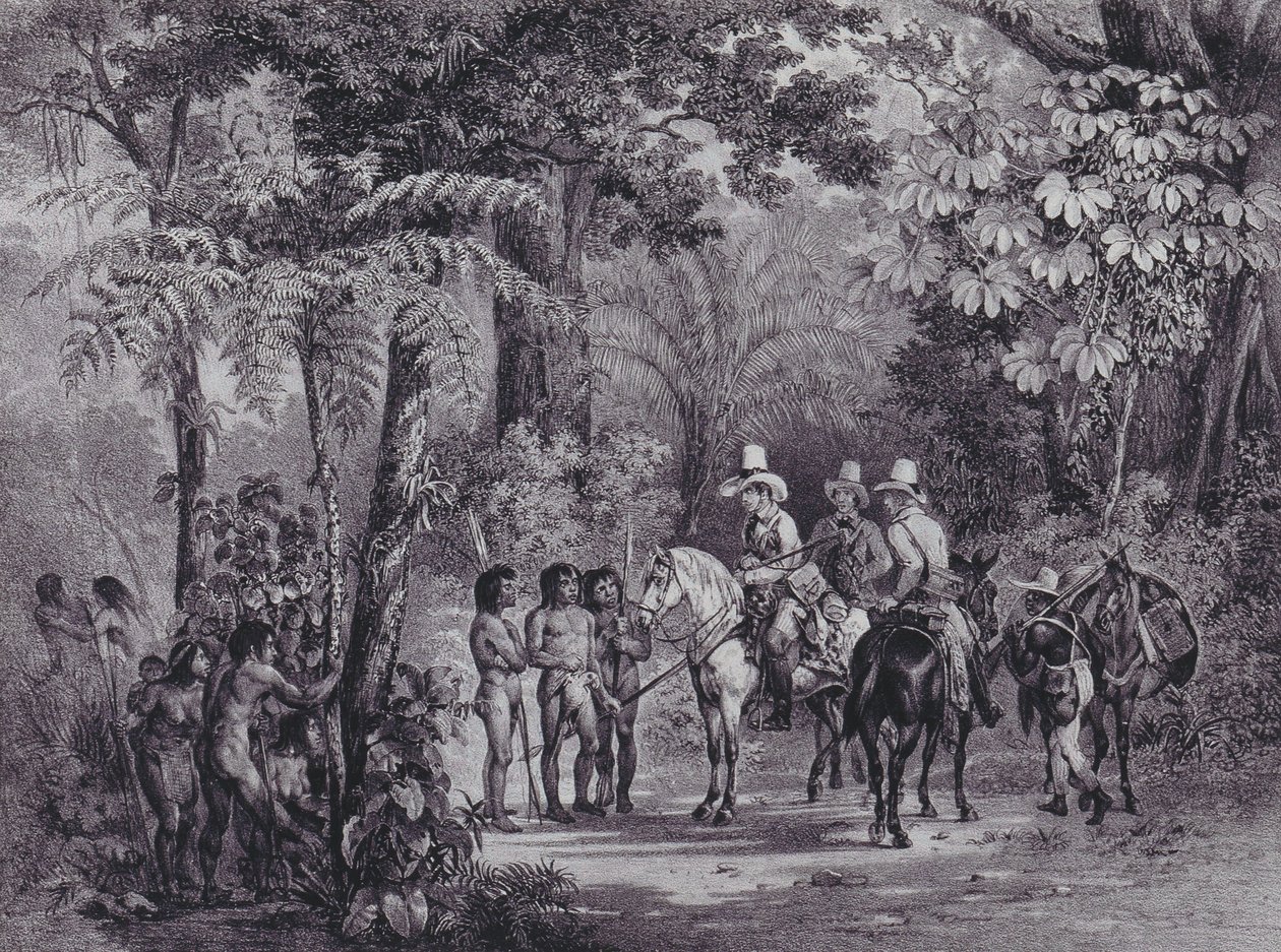 Indianernas möte med europeiska upptäcktsresande från "Picturesque Voyage to Brazil" av Johann Moritz Rugendas