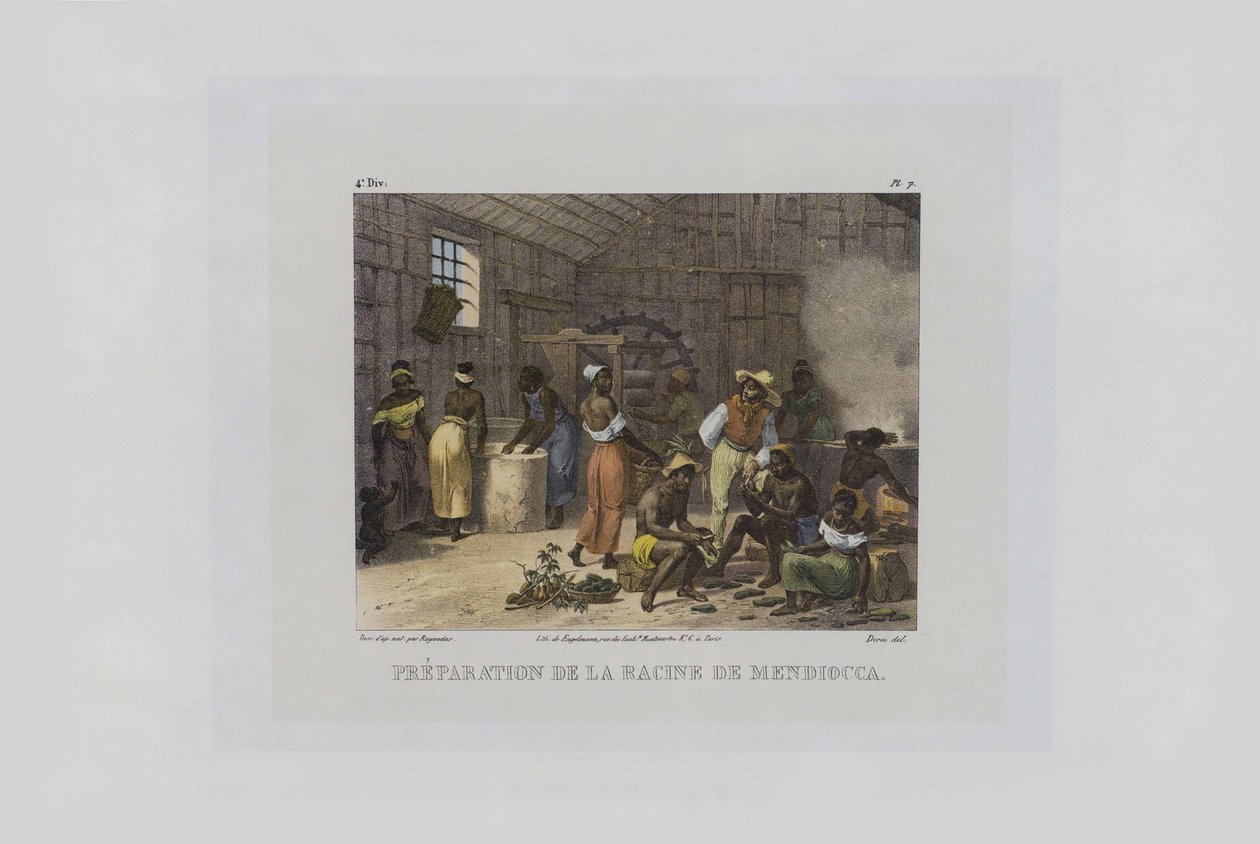Beredning av mandioka rötter. Från pittoreska resor i Brasilien, 1830-1835. av Johann Moritz Rugendas