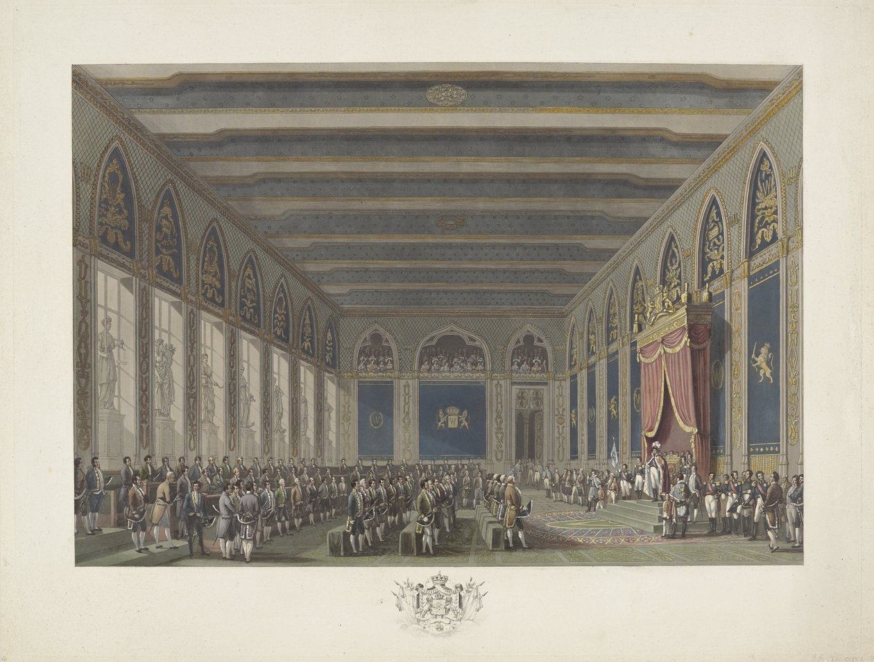 Institution of the States General av kung William I i Bryssel den 21 september 1815 Tolv skyltar av William I:s ankomst och invigning i Bryssel och striderna vid Quatre-Bras och Waterloo 1815 (serietitel) av Johann Nepomuk Gibèle (possibly)