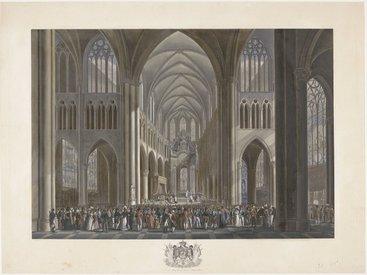 Välsignelse av kung Willem I i Saint Gudula-kyrkan i Bryssel den 21 september 1815 Tolv skyltar med ankomsten och invigningen av William I i Bryssel och striderna vid Quatre-Bras och Waterloo 1815 (serietitel) av Johann Nepomuk Gibèle (possibly)