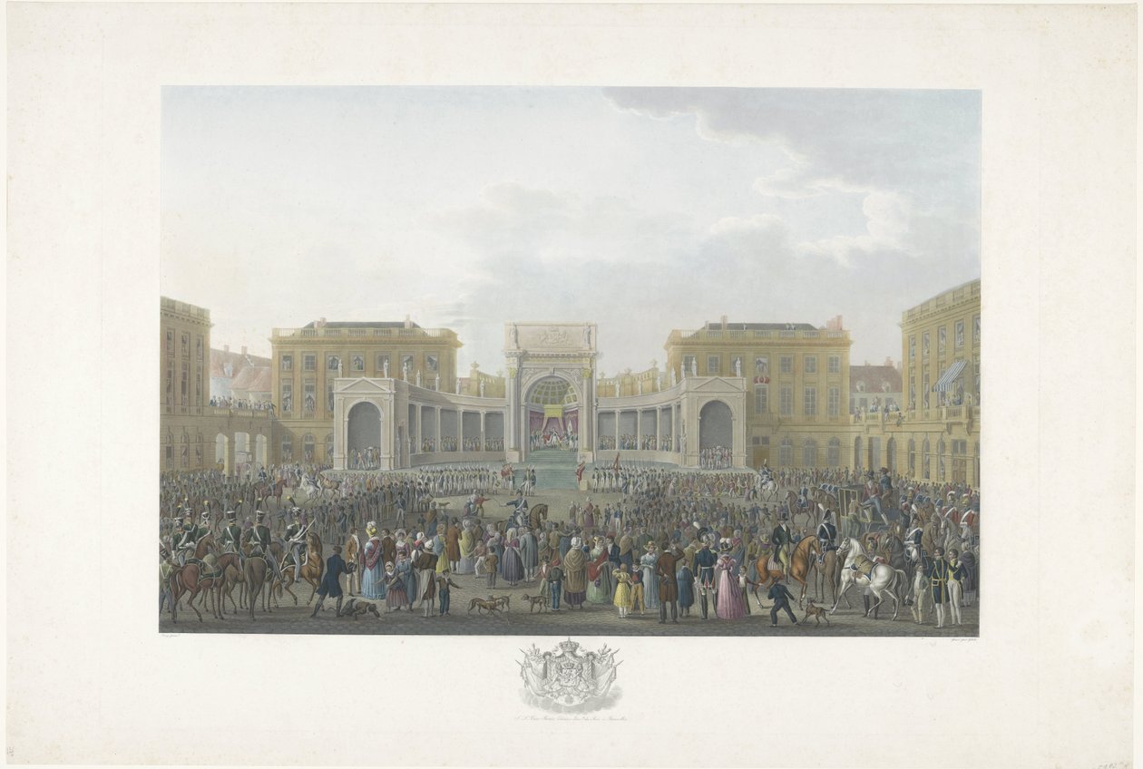 Invigning av William I i Bryssel den 21 september 1815 Tolv skyltar med ankomsten och invigningen av William I i Bryssel och striderna vid Quatre-Bras och Waterloo 1815 (serietitel) av Johann Nepomuk Gibèle