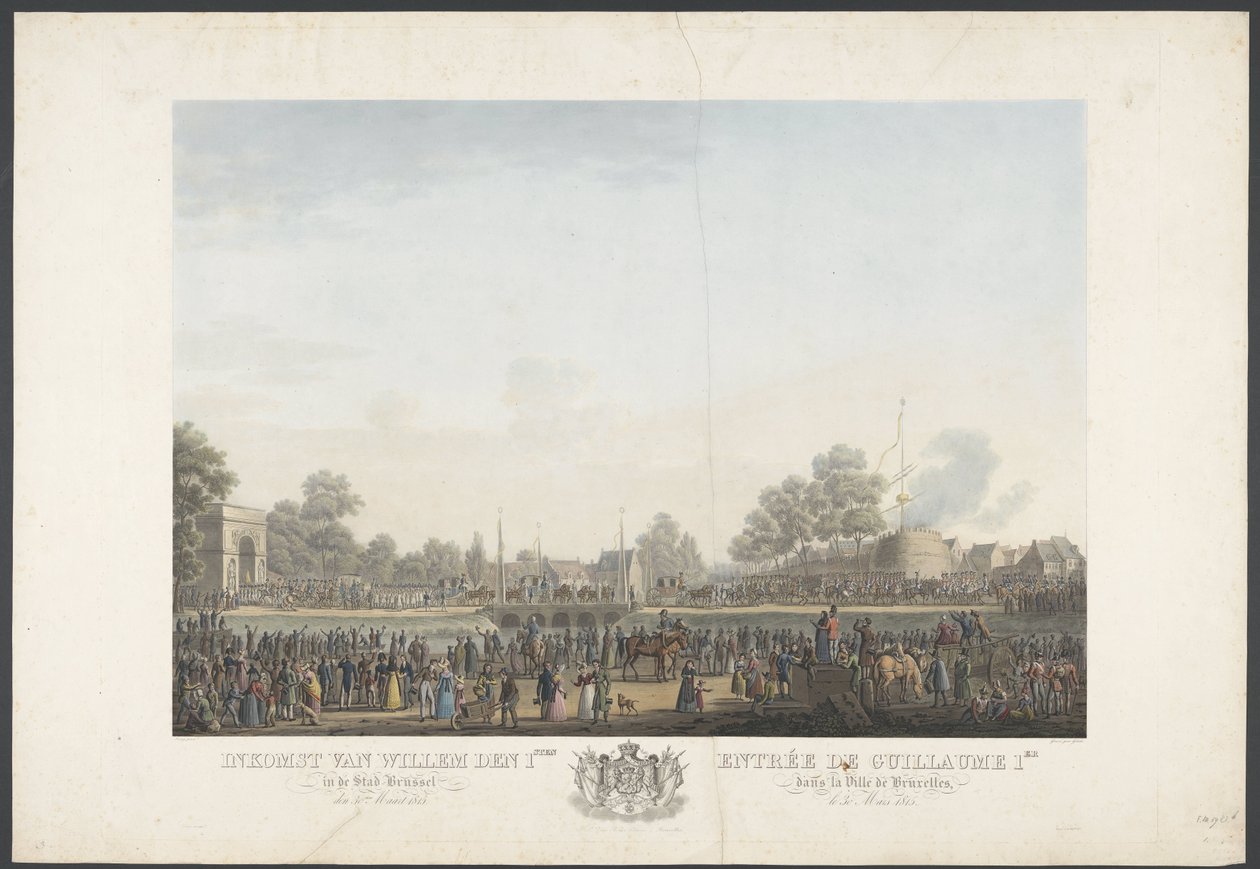 William den 1:s ankomst till staden Bryssel den 30 mars 1815 / Entrée de Guillaume 1er dans la Ville de Bruxelles, den 30 mars 1815 (titel på objektet) Tolv plåtar av William I:s ankomst och invigning i Bryssel och striderna vid Quatre-Bras av Johann Nepomuk Gibèle