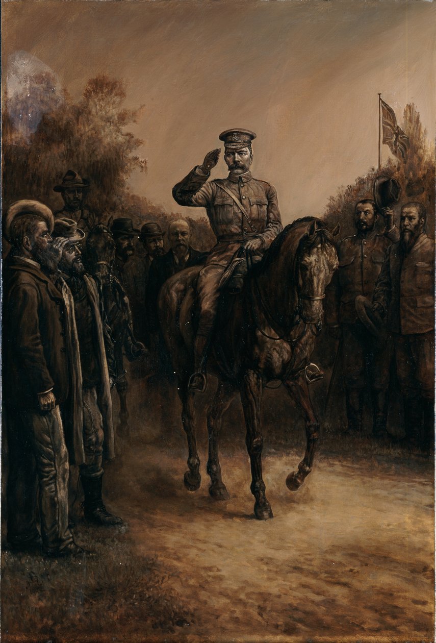 General Lord Kitchener hälsar när han rider förbi boerledare som står och tar av sig hattarna, 1902 av Johann Nepomuk Schonberg