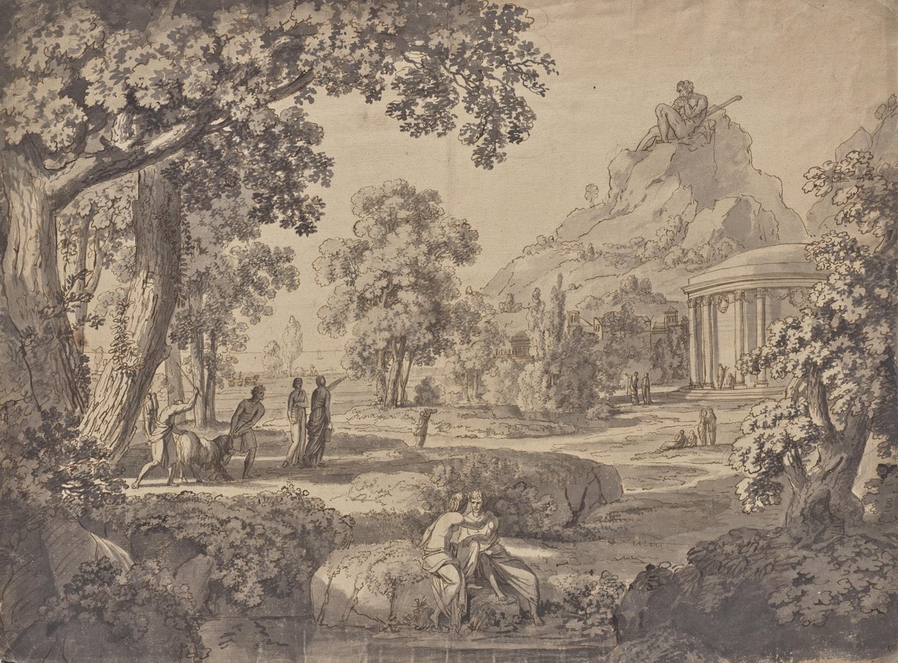 Klassiskt landskap med ett tempel, en jätte på ett berg av Johann Nepomuk Schödlberger