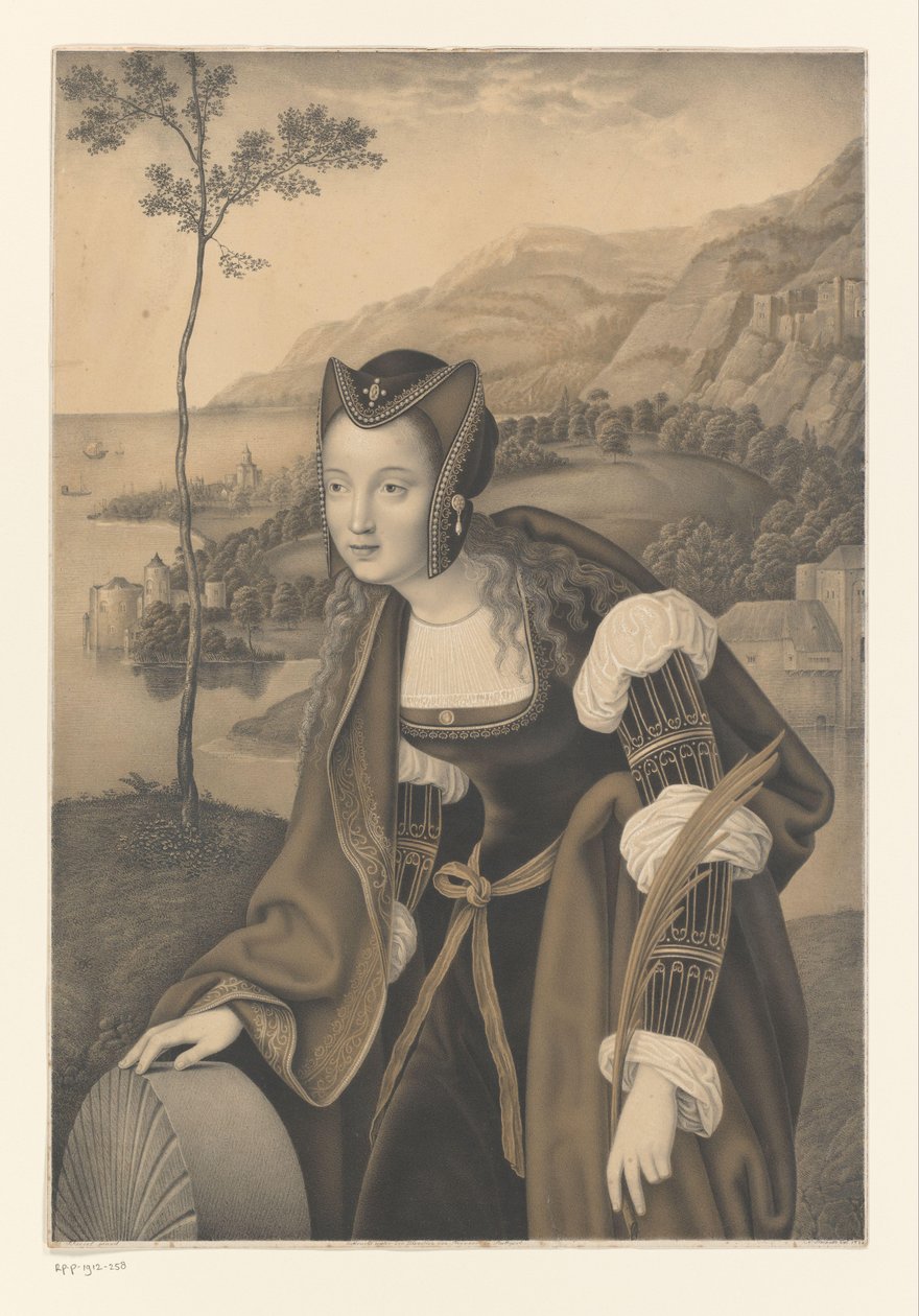Sankta Christina med kvarnsten i ett landskap Verk ur samlingen av bröderna Boisserée (serietitel) Galerie des Frères Boisserée (serietitel) av Johann Nepomuk Strixner