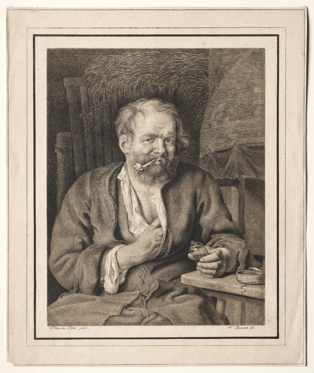 Bonde sitter vid ett bord och röker pipa av Johann Nepomuk Strixner