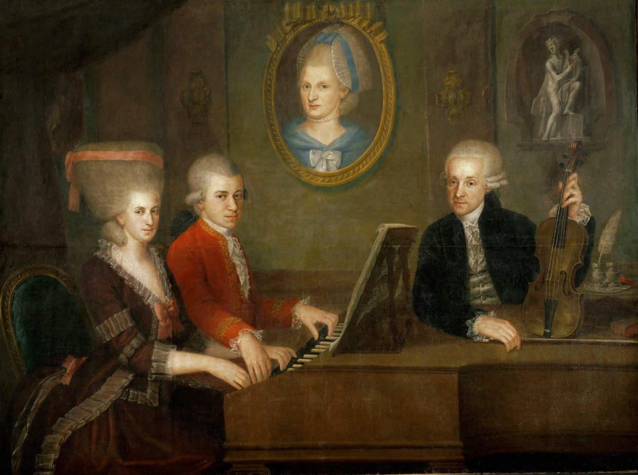 Familjen Mozart: vid pianot, Wolfgang och hans syster Nannerl ;far Leopold Mozart med violin ... (olja på duk) av Johann Nepomuk della Croce