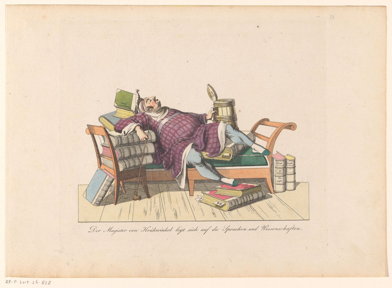 Leraar van Krähwinkel liggande på en soffa med böcker Magister von Krähwinkel lägger sig på språken och vetenskaperna (titel på objekt) av Johann Nussbiegel (possibly)