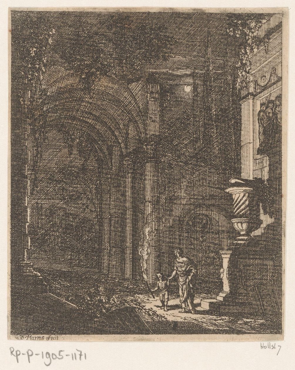 Två figurer lyser upp gamla ruiner med en fackla Forntida ruiner och byggnader (serietitel) Alcune Inventione de Ruini et Architectura (...) (serietitel) av Johann Oswald Harms