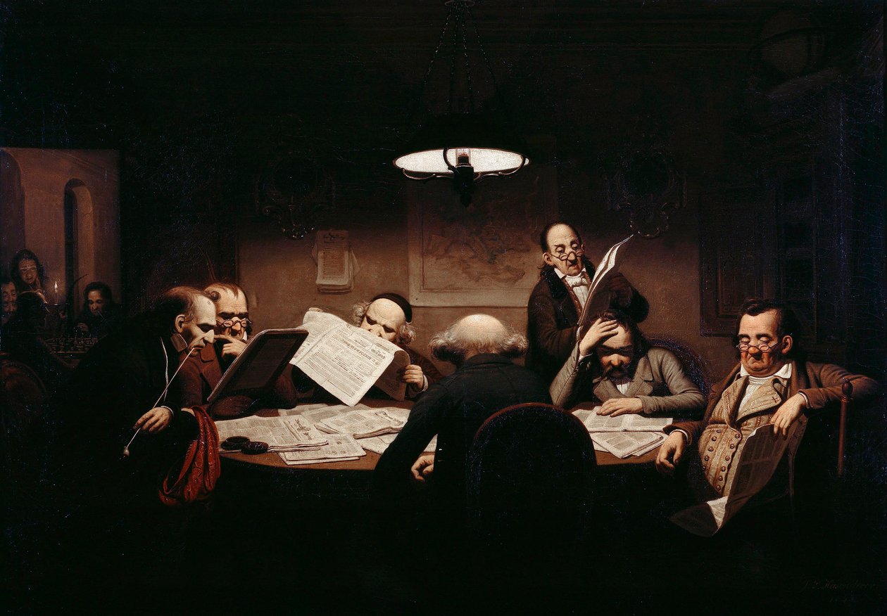 ""Läsesalen"" Män runt ett dåligt upplyst bord läser pressen - Målning av Johann Peter Hasenclever (1810-1853) 1843 Staatliche Museen, Berlin av Johann Peter Hasenclever