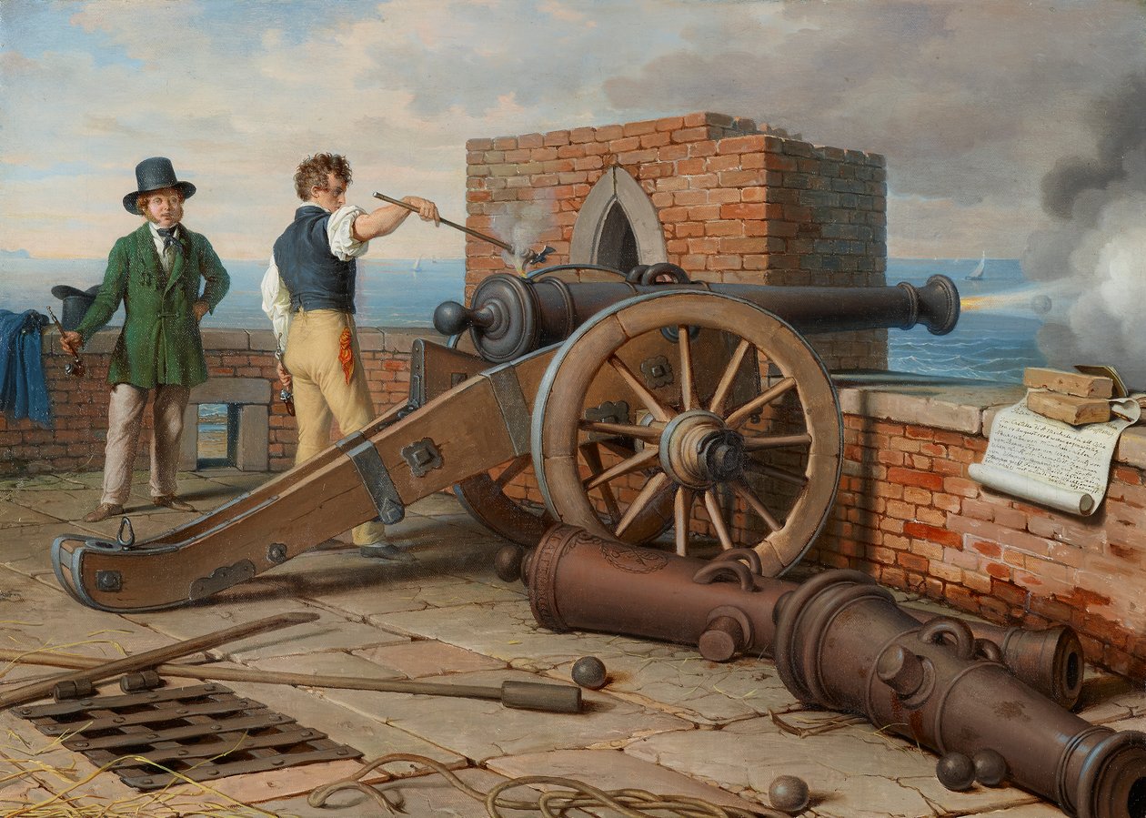 Konstnärsvänner löser ett kanonskott på Michele-fästningen nära Ostia (Ferdinand Jagemann och Peter Krafft) av Johann Peter Krafft