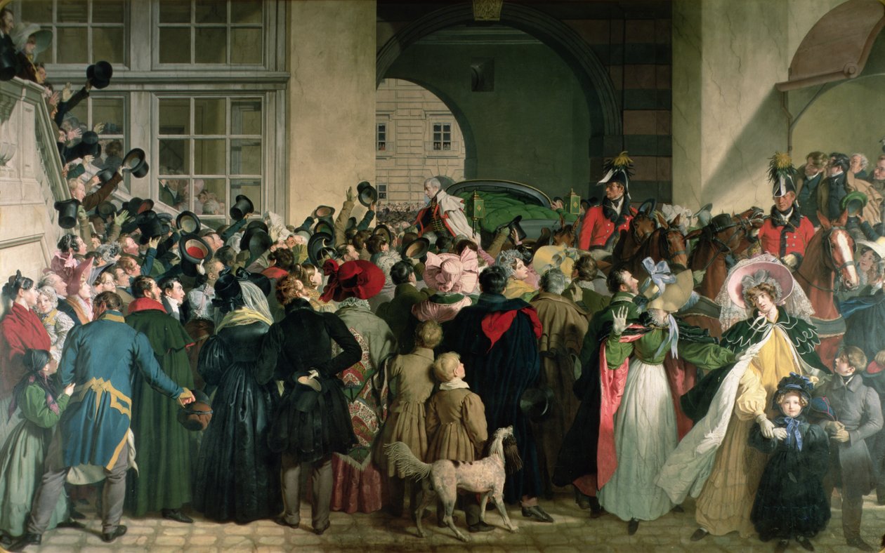 Frans I av Österrikes (II av det heliga romerska riket) (1768-1835) återkomst till Presburg den 27 november 1809, 1828-32 (enkaustisk) av Johann Peter Krafft