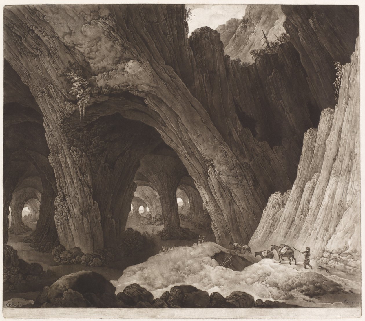 Resenärer som vilar i gigantiska grottor av Johann Peter Pichler, after Guillam Dubois
