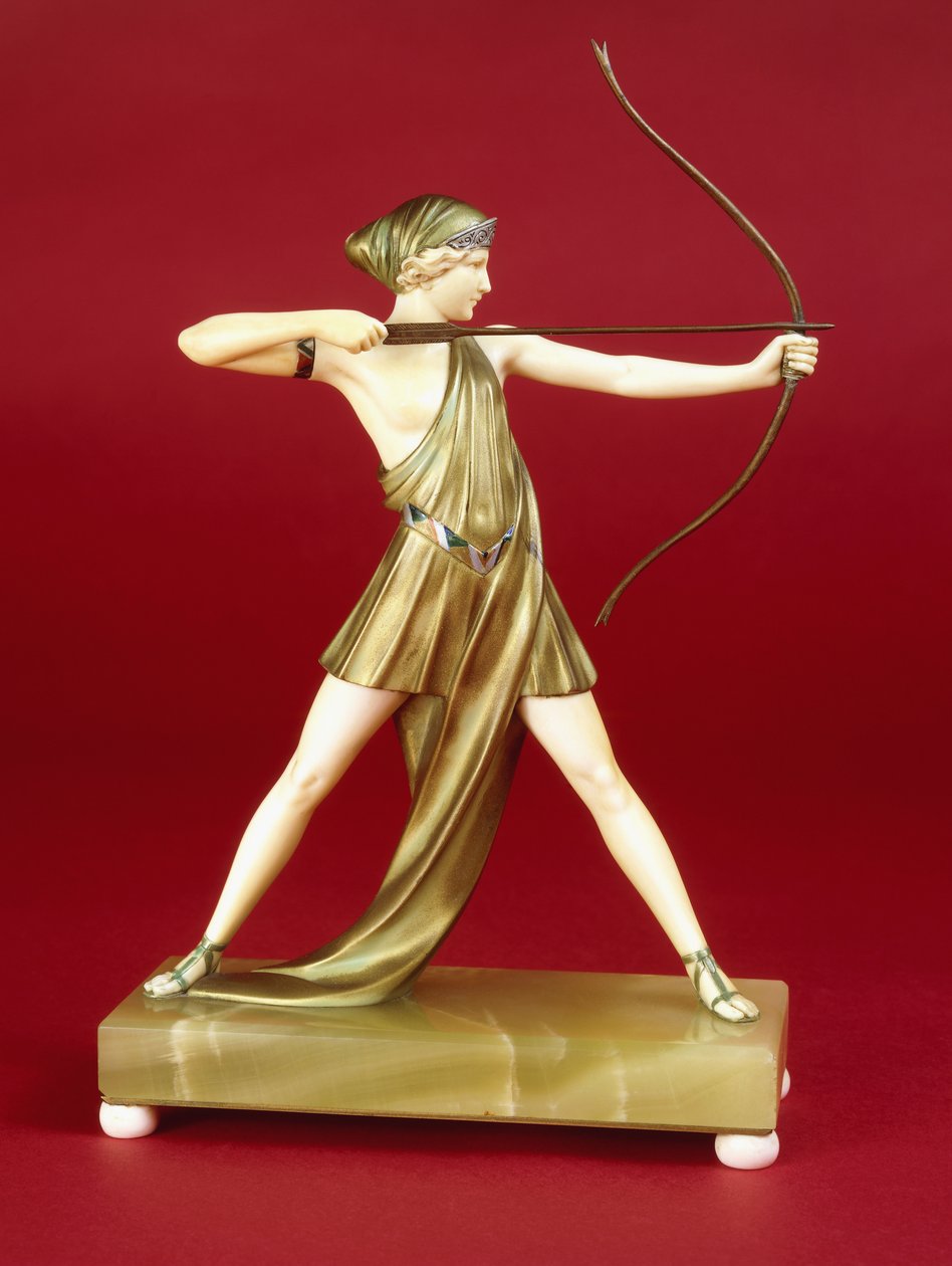 Bågskytten (brons- och elfenbensfigur, grön onyxbas på elfenbensfötter) av Johann Philipp Ferdinand Preiss