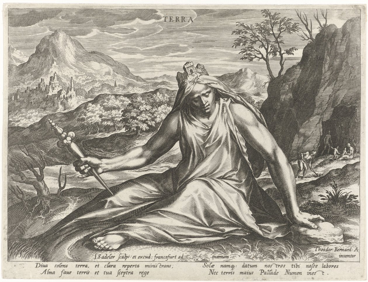Jorden personifierad av gudinnan Cybele Terra (titel på objekt) De fyra elementen som mytologiska figurer (serietitel) av Johann Sadeler (I)