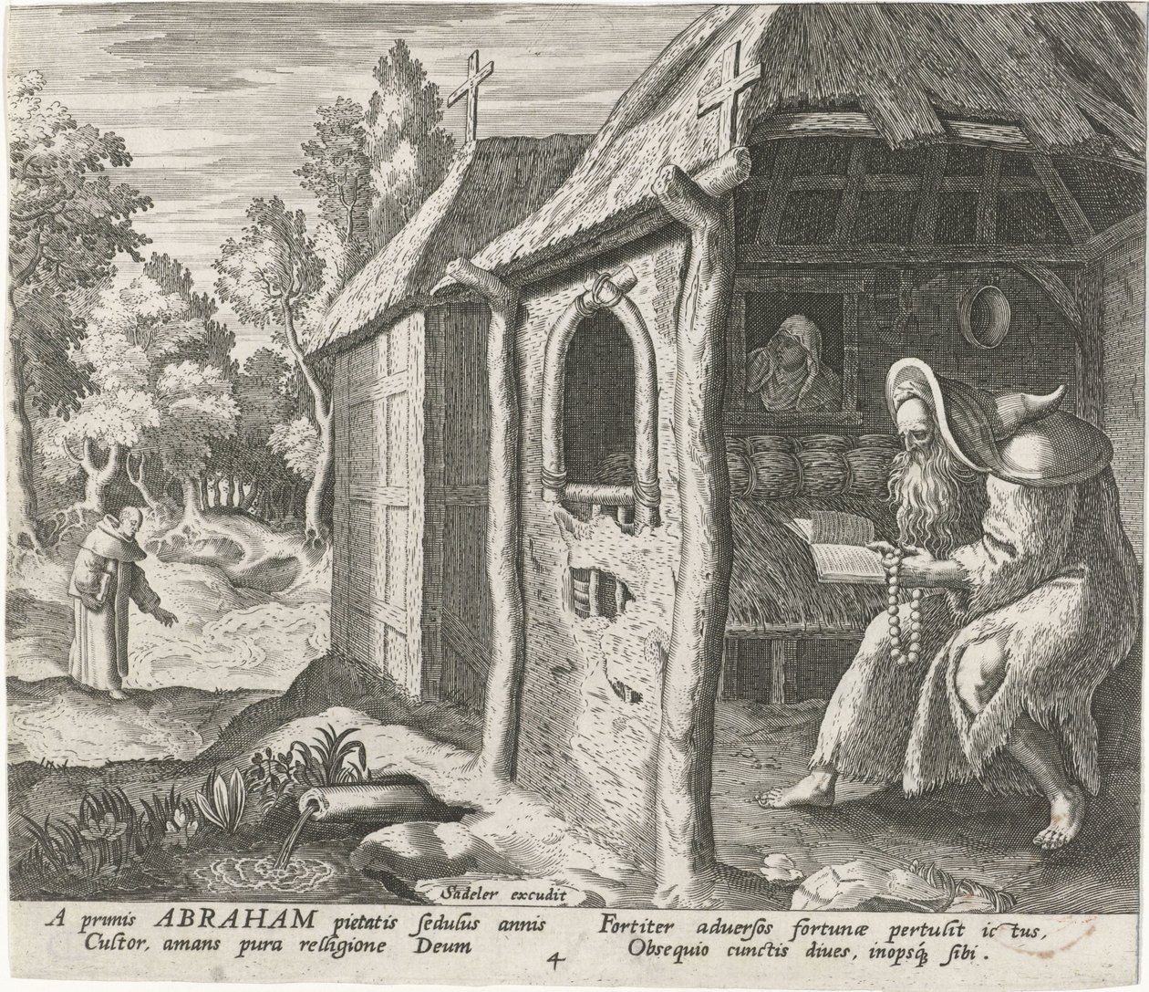 Abraham av Edessa som eremit Manliga eremiter (serietitel) Solitudo Sive Vitae Patrum Eremicolarum (serietitel) av Johann Sadeler (I)