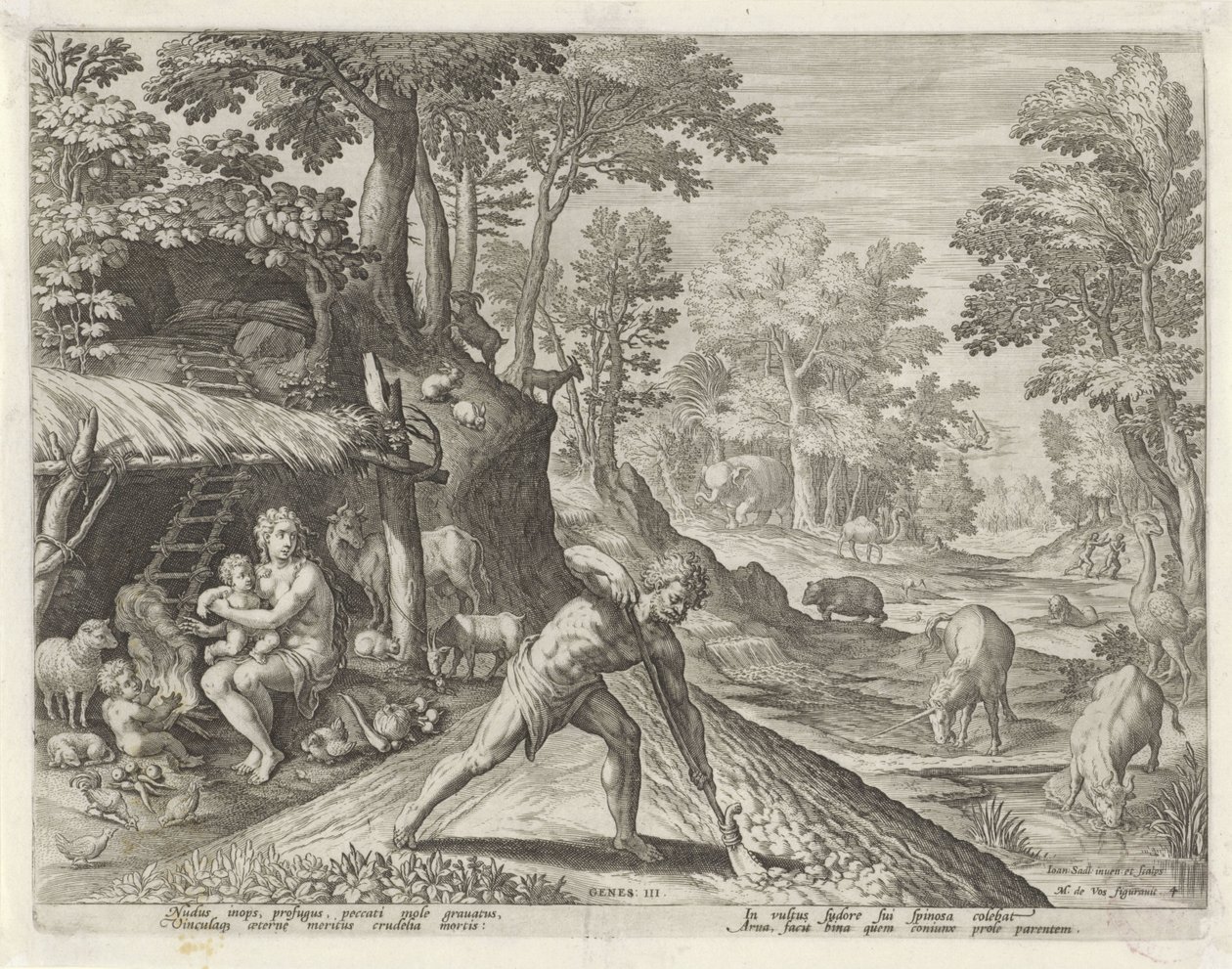 Adam och Eva på jobbet utanför Paradise Earth Historien om Kains familj / Om goda och dåliga verk (serietitel) Boni et mali scientia (serietitel) av Johann Sadeler (I)