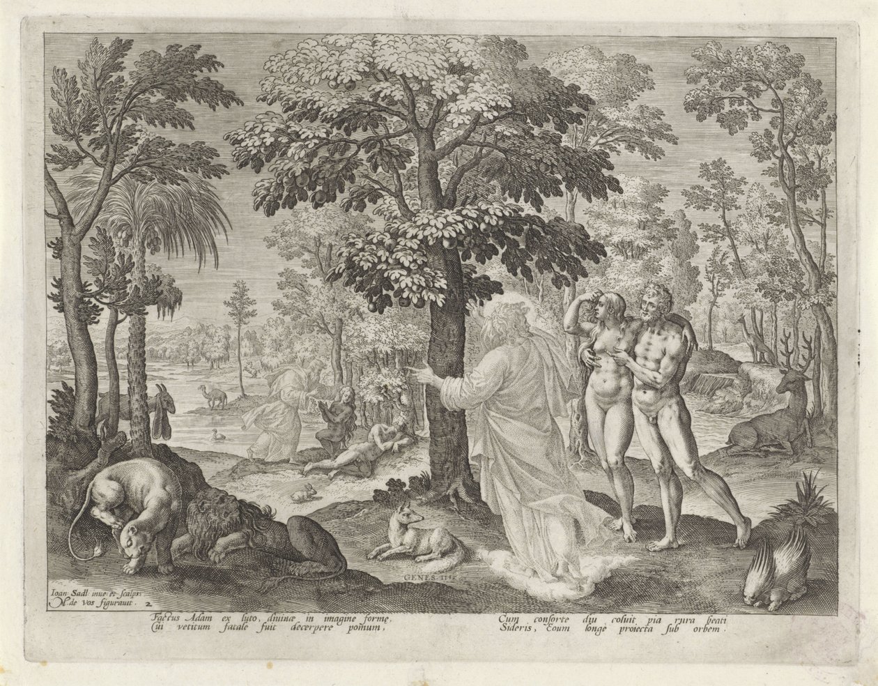 Adam och Eva i paradiset Historien om Kains familj / Om goda och dåliga verk (serietitel) Boni et mali scientia (serietitel) av Johann Sadeler (I)