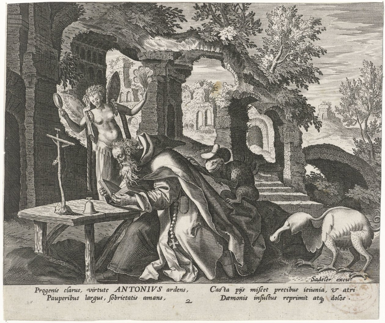 Anthony den store som eremit Manliga eremiter (serietitel) Solitudo Sive Vitae Patrum Eremicolarum (serietitel) av Johann Sadeler (I)