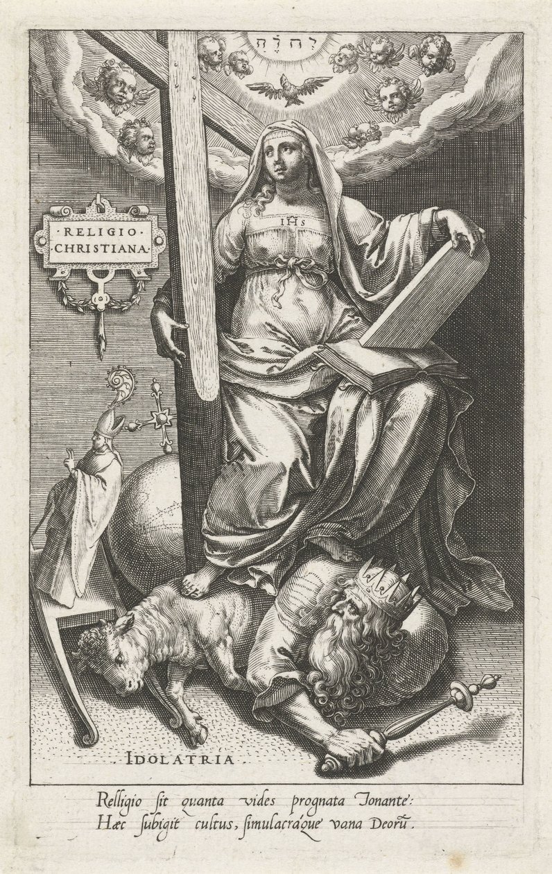 Kristen religion (Religio Christiana) övervinner avgudadyrkan (Idolatria) Religion Christiana (titel på objekt) Dygderna erövrar lasterna (serietitel) av Johann Sadeler (I)