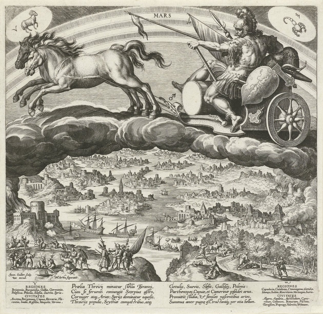 Planeten Mars och dess inflytande på världen De sju planeterna (serietitel) Planetarum effectus et eorum in signis zodiac (serietitel) av Johann Sadeler (I)