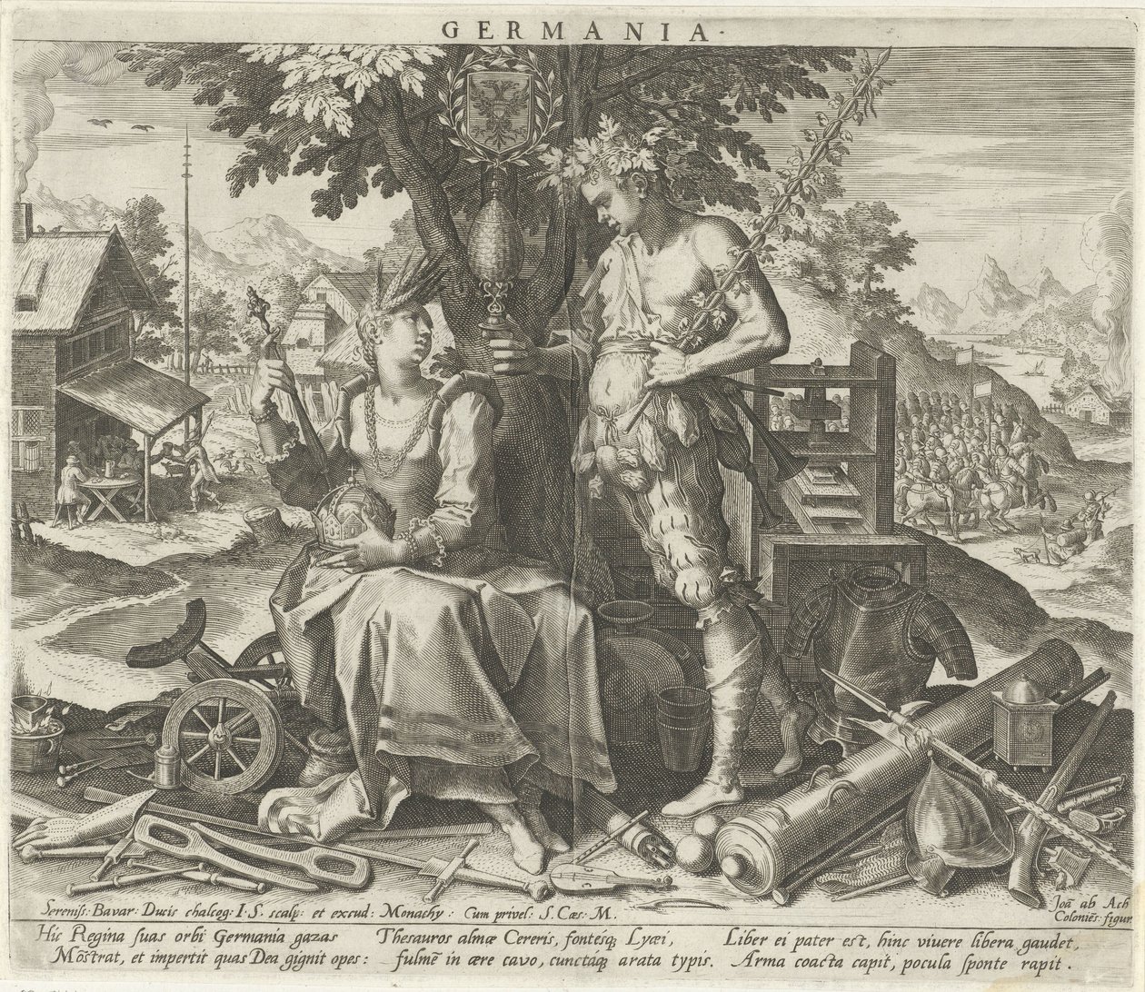 Tyskland med Ceres och Bacchus Germania (titel på objekt) Allegoriska representationer av europeiska länder (serietitel) av Johann Sadeler (I)