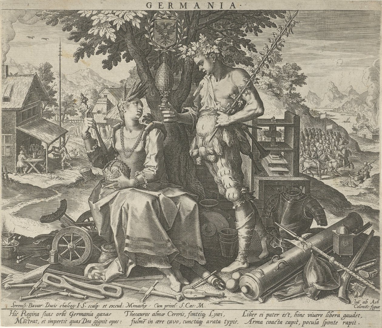 Tyskland med Ceres och Bacchus Germania (titel på objekt) Allegoriska representationer av europeiska länder (serietitel) av Johann Sadeler (I)