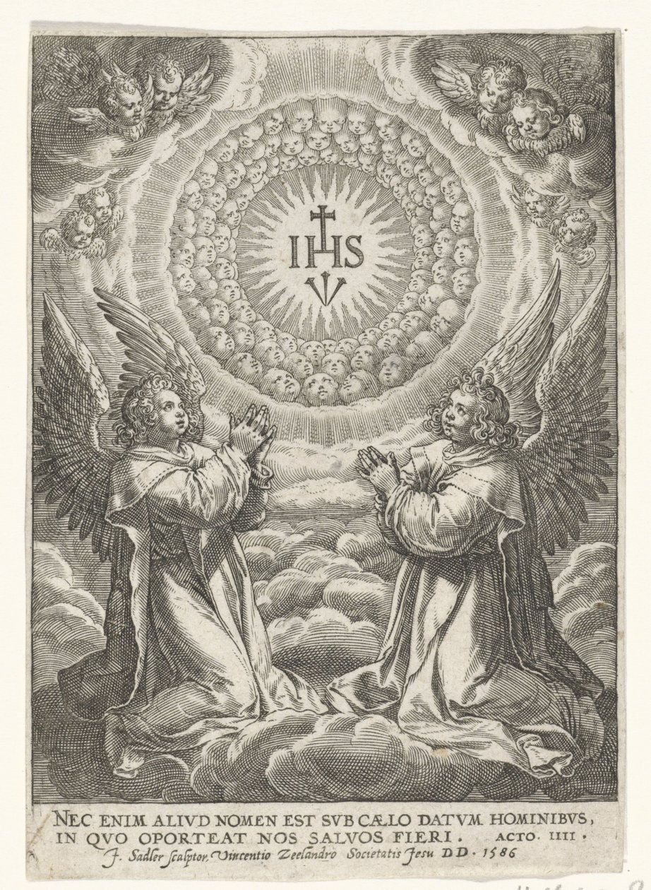 Änglar dyrkar Kristi monogram av Johann Sadeler (I)
