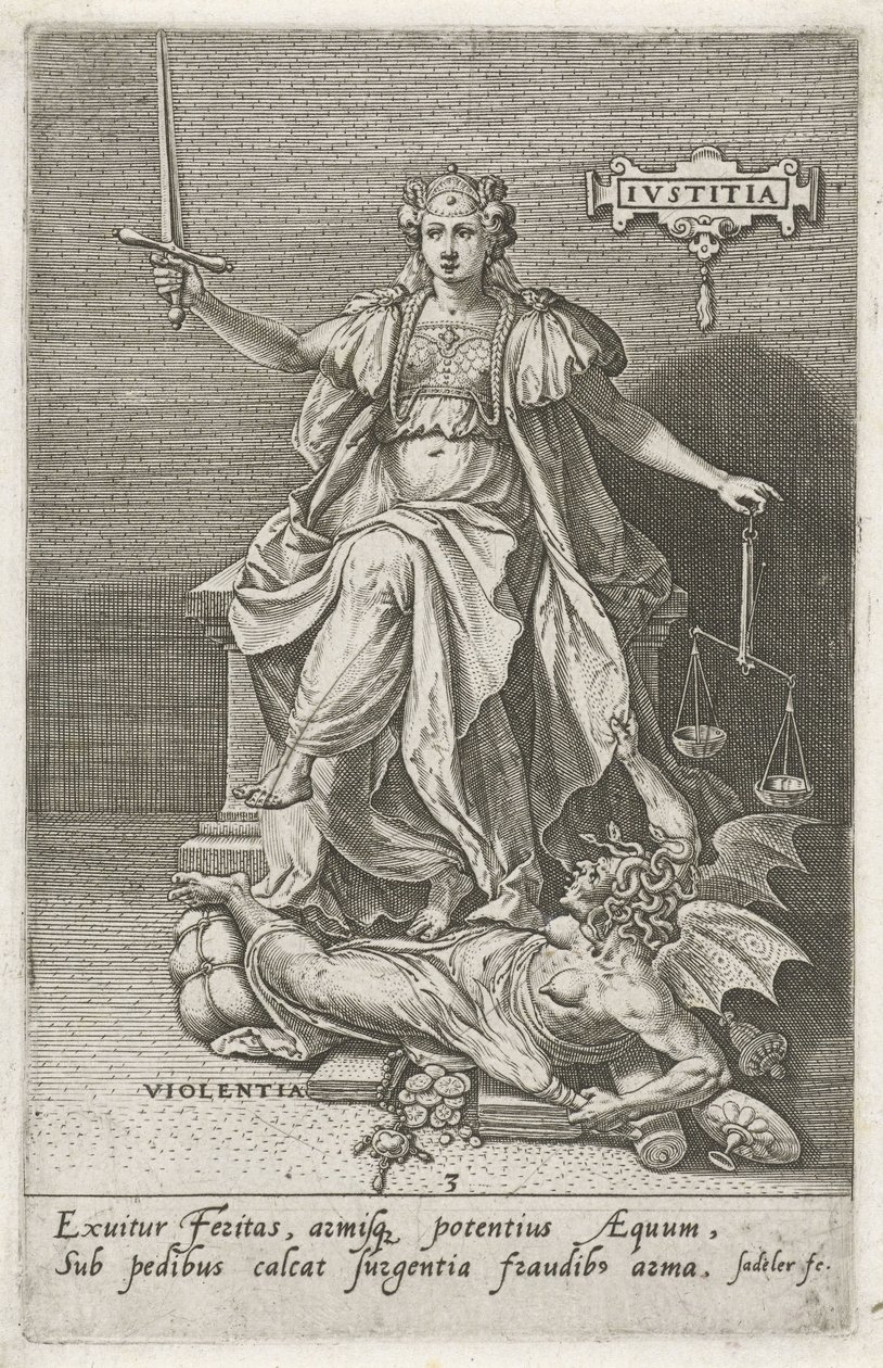 Rättvisa (Justitia) erövrar våld (Violentia) Rättvisa (titel på objekt) Dygder övervinner laster (serietitel) av Johann Sadeler (I)