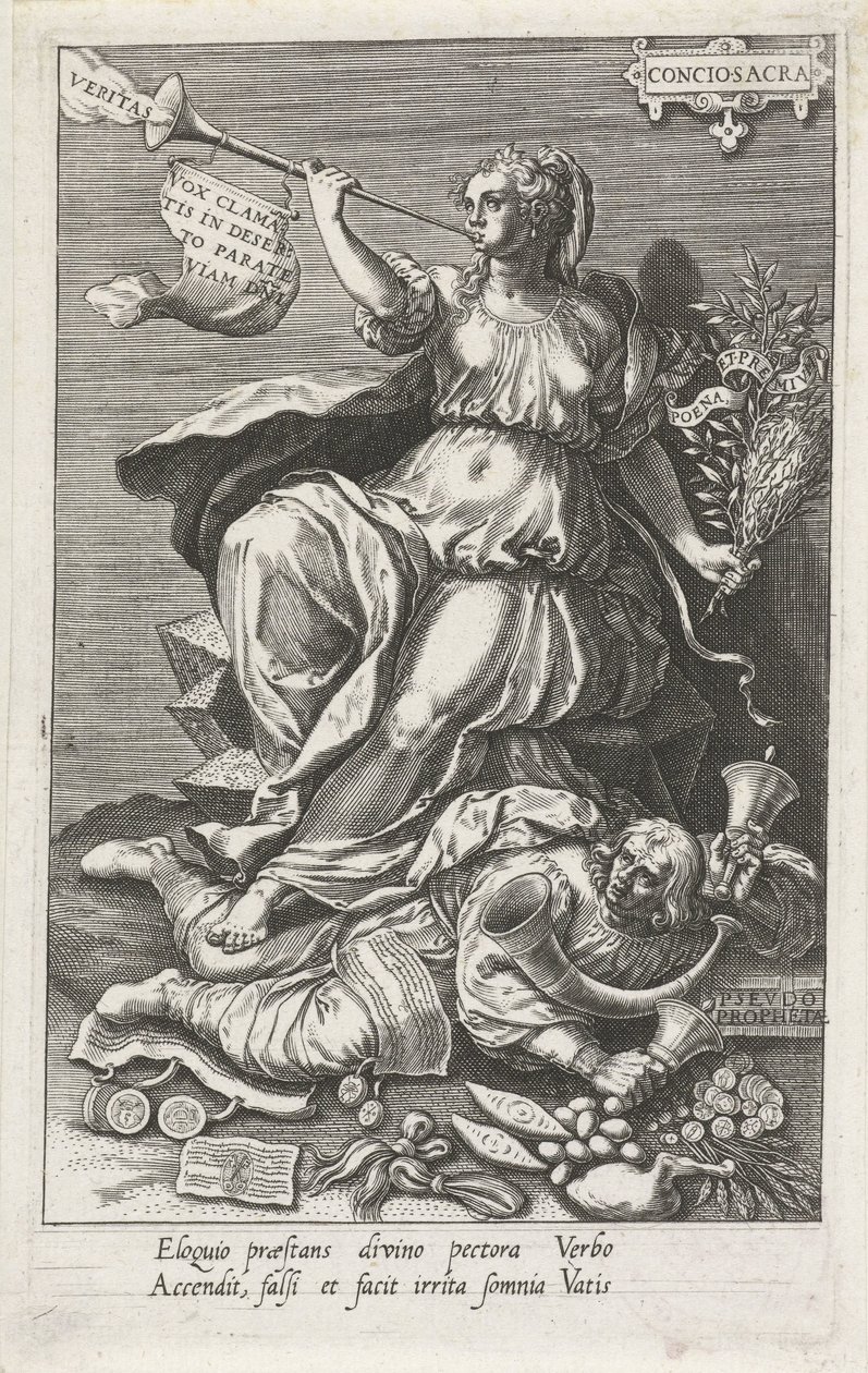 Samvete (Conciosacra) övervinner falska profeter (Pseudo prophetae) Conciosacra (titel på objekt) Dygderna erövrar lasterna (serietitel) av Johann Sadeler (I)