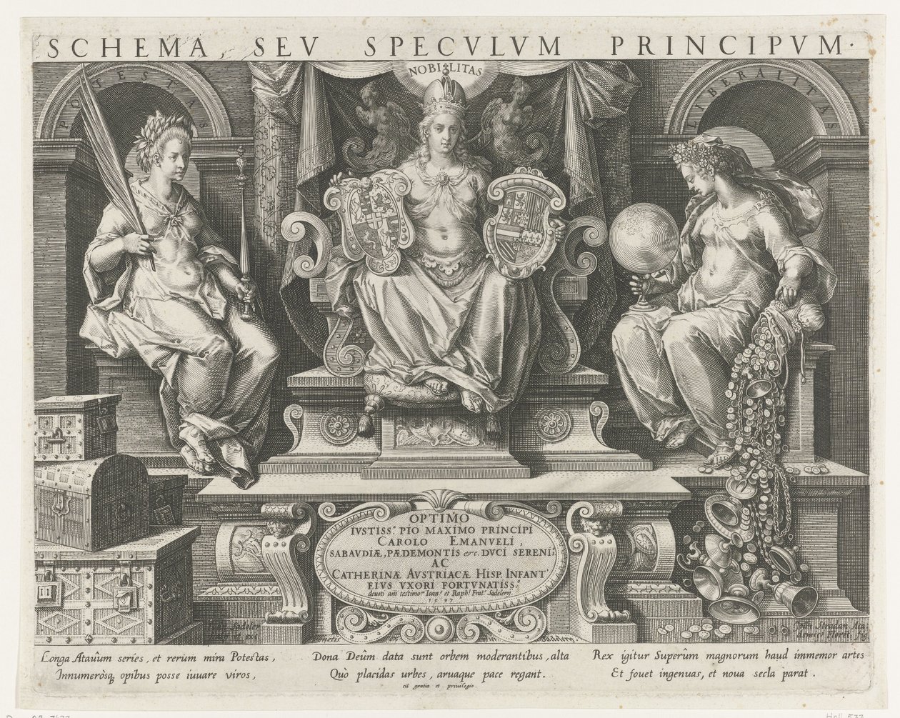 Authority (Potestas), Prestige (Nobilitas) och Benevolence (Liberalitas) Titeltryck för en serie om en prinss egenskaper Principal Occupations of a Prince (serietitel) Schema, seu speculum principum (serietitel) Schema, sev specvlvm av Johann Sadeler (I)