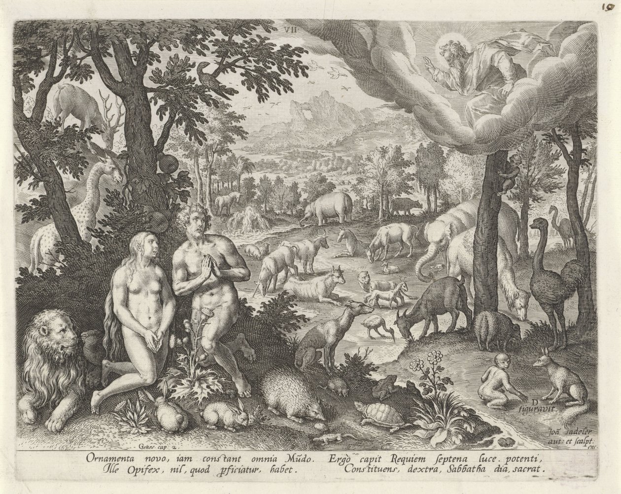 Gud Fadern välsignar Adam, Eva och djuren Creation of the World (serietitel) av Johann Sadeler (I)