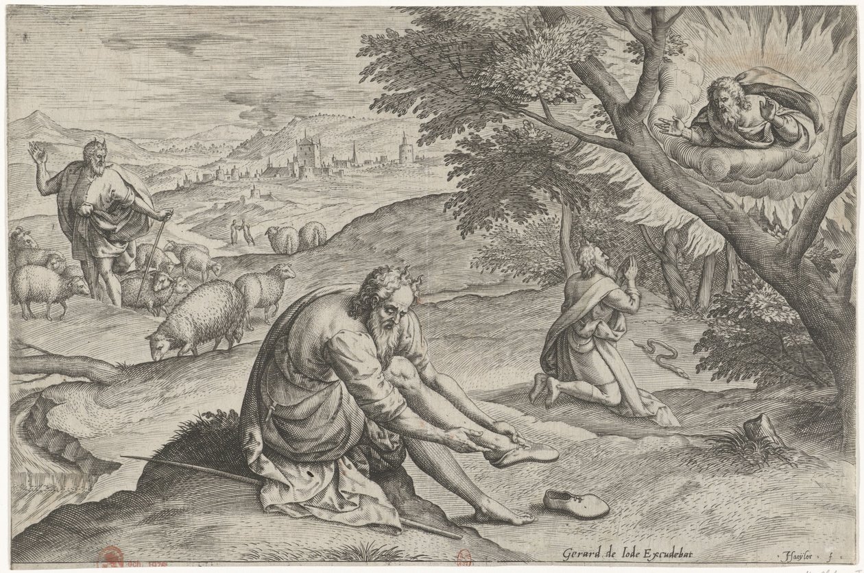 Gud visar sig för Mose i den brinnande busken Historia om Moses före uttåget (serietitel) Historia plagarum in Aegiepto (serietitel) av Johann Sadeler (I)