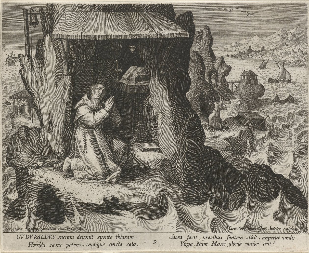 Saint Gudwal of Wales som eremit Eremiternas dygdiga liv (serietitel) Trophaeum vitae solitariae (serietitel) av Johann Sadeler (I)