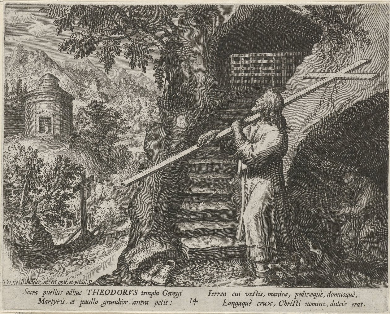 Saint Theodore Tiro som eremit Eremiternas dygdiga liv (serietitel) Trophaeum vitae solitariae (serietitel) av Johann Sadeler (I)