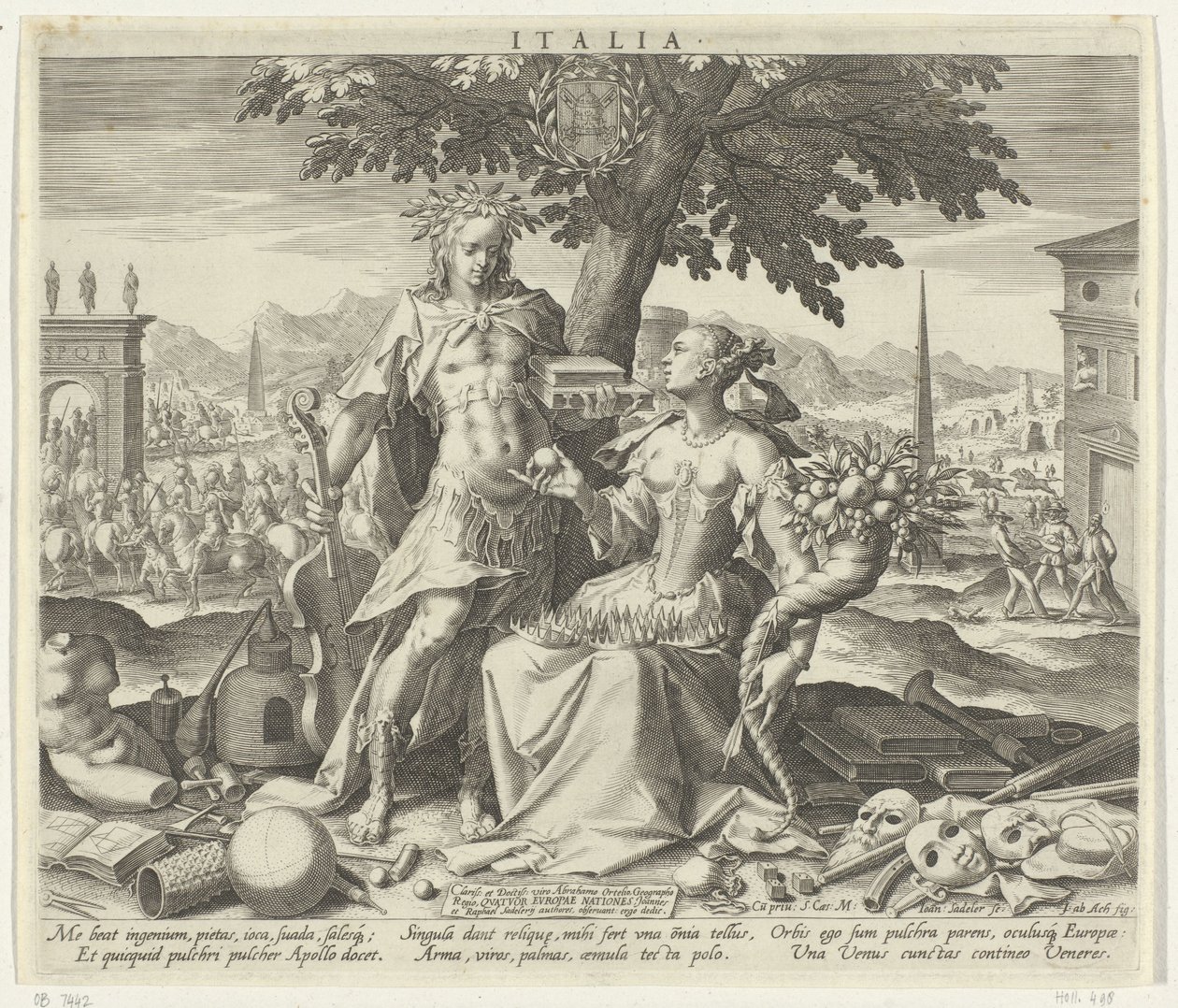 Italien, med Venus och Apollo Italien (titel på objekt) Allegoriska representationer av europeiska länder (serietitel) av Johann Sadeler (I)