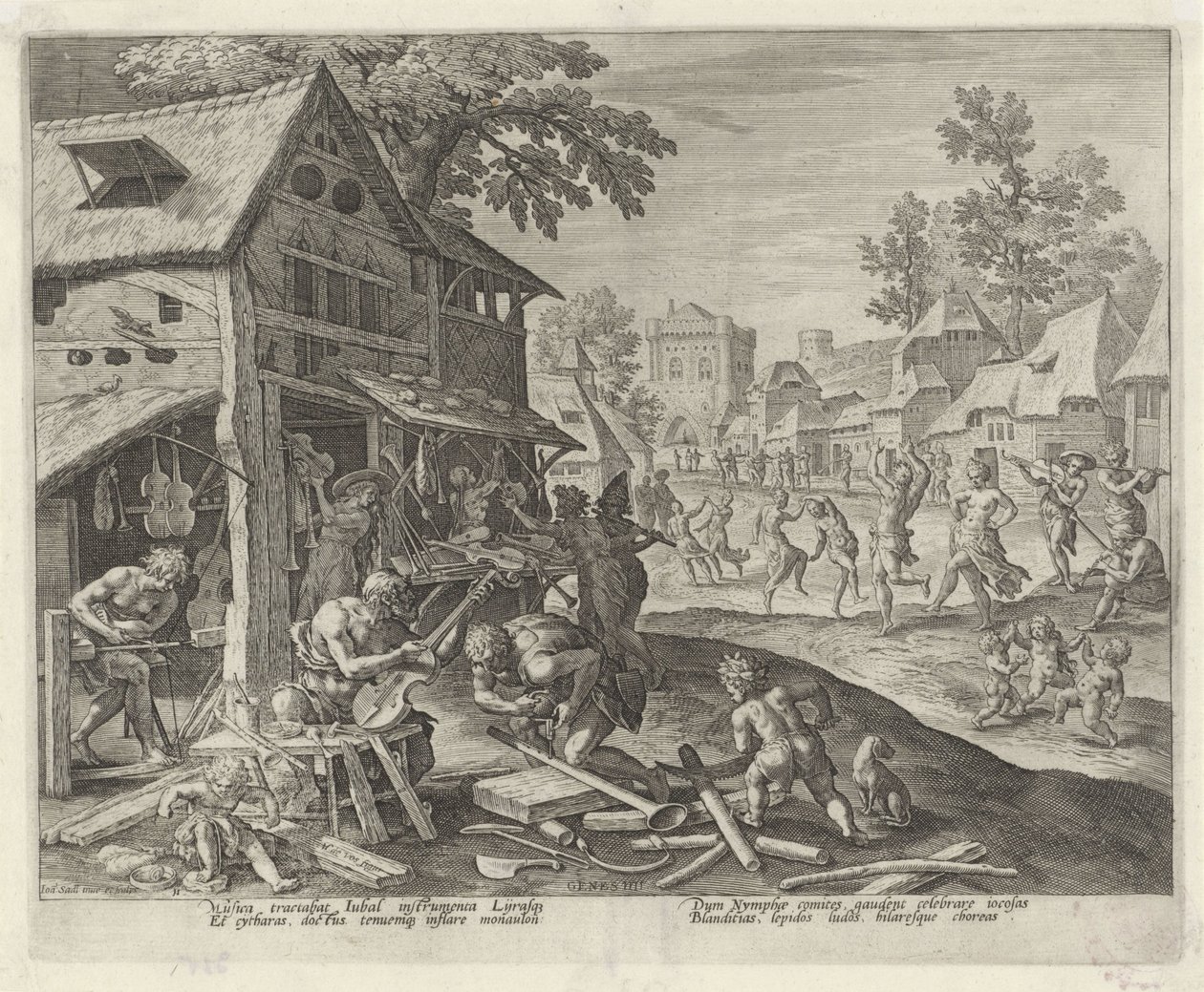 Jubal och hans familj tillverkar musikinstrument Historia om Kains familj / Om gott och dåligt arbete (serietitel) Boni et mali scientia (serietitel) av Johann Sadeler (I)